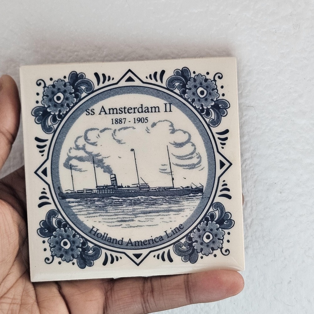vintage Holland America Line ceramic tile SS Amsterdam II Delft blue style